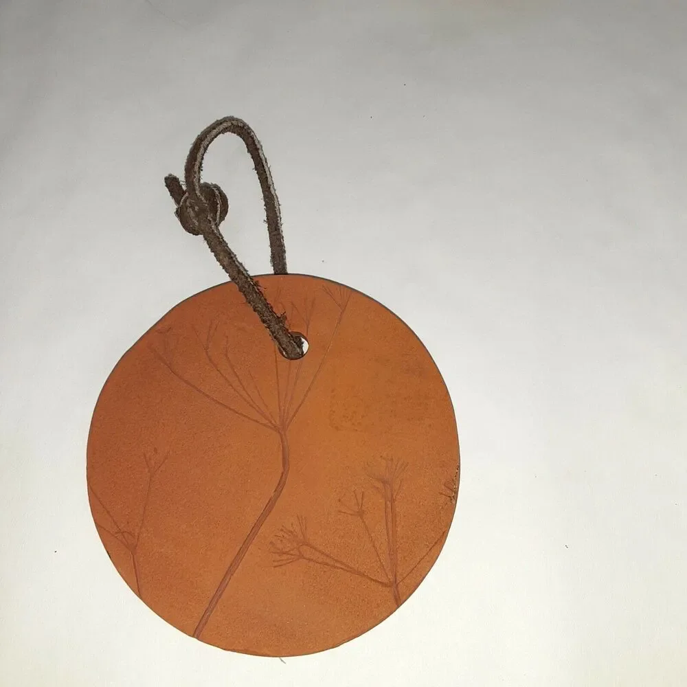 Earthenware Clay Round Etched Floral Tiles Artist Signed With Leather Hangers...